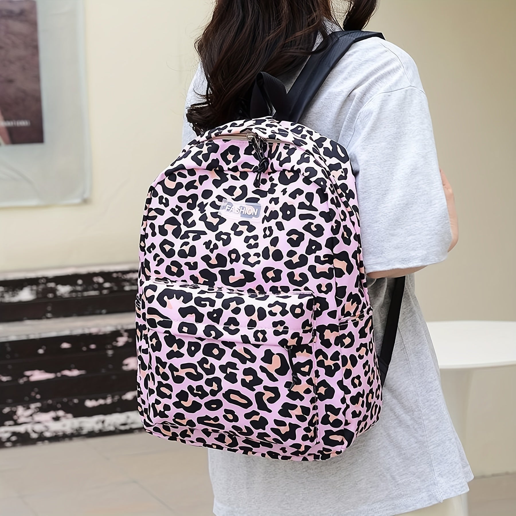 Leopard Print Backpack Oxford Cloth Laptop Rucksack Preppy Style