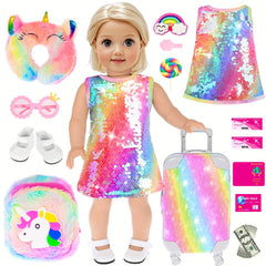 24pcs 18 Inch Doll Travel Case Set with Shinning Dresses Handbag Glasses Shoes