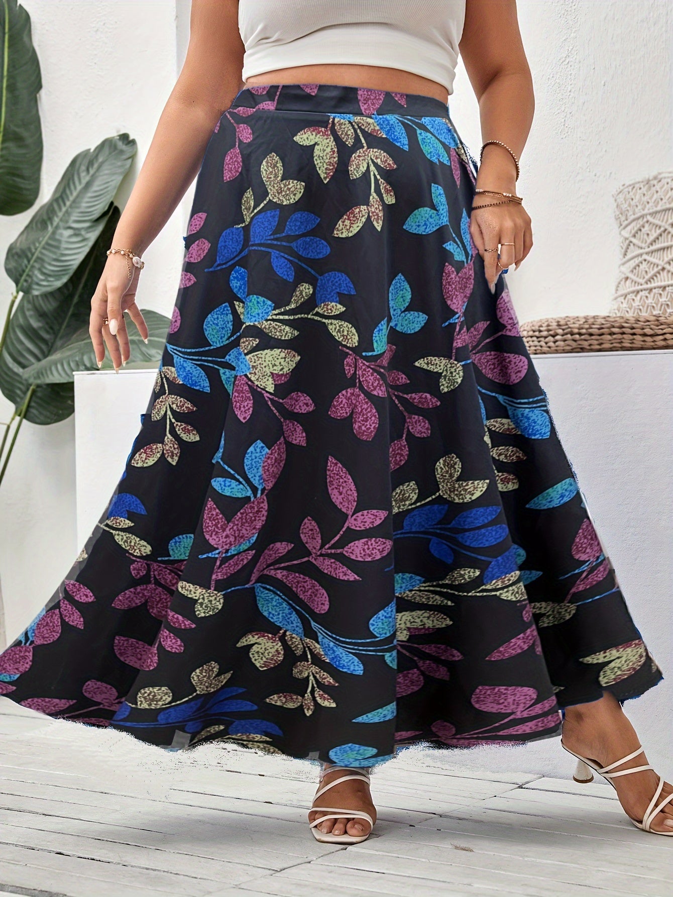  Leaf Print Elastic Waist Maxi Skirt