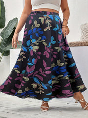  Leaf Print Elastic Waist Maxi Skirt