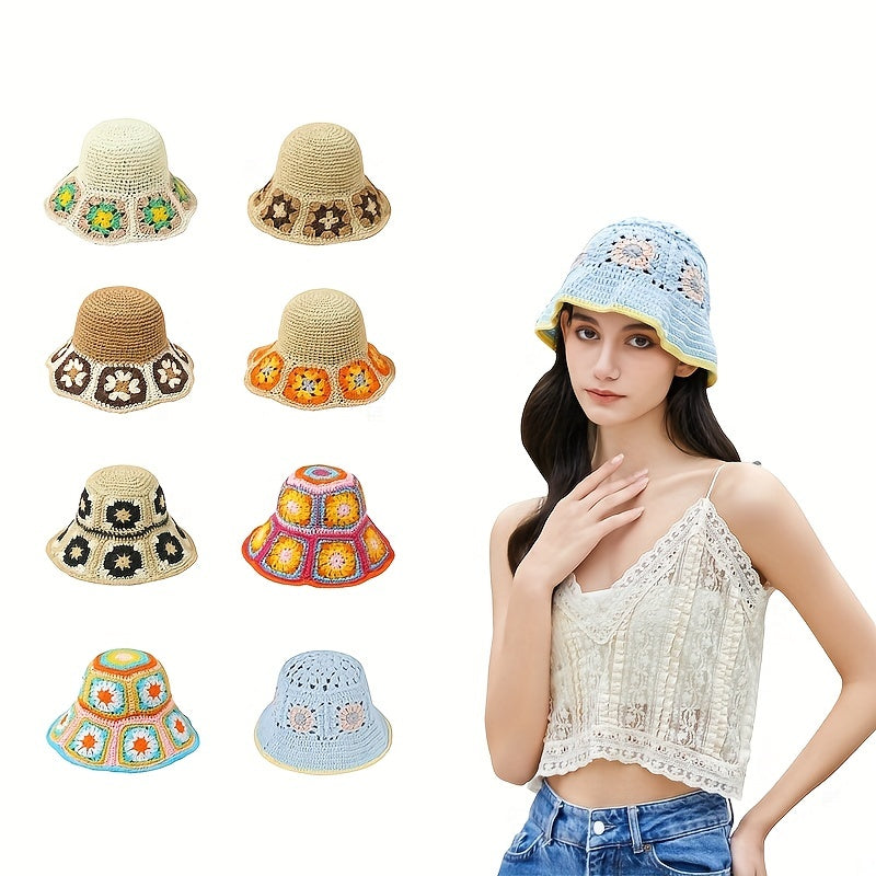 Vintage Rainbow Flower Bucket Hat Hand Crochet Foldable Straw Beach Hats