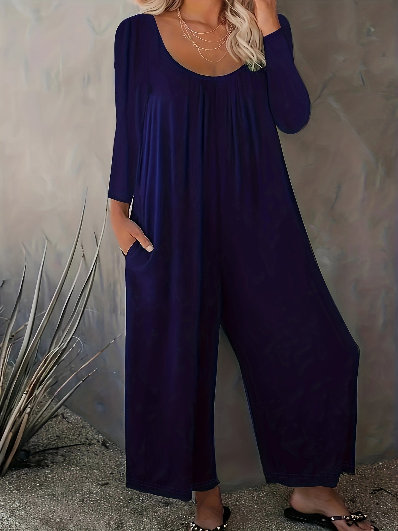  Solid Long Sleeve Round Neck Wide Leg Jumpsuit