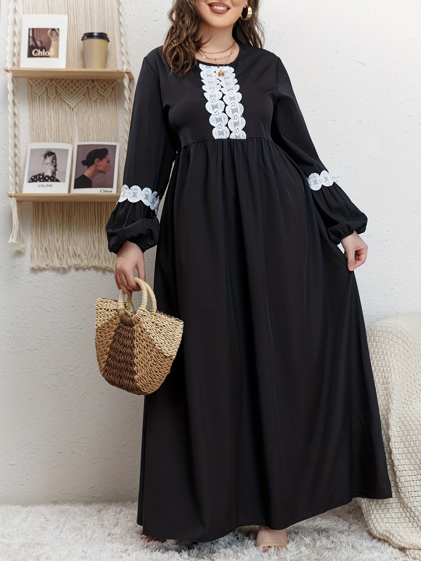  Abaya Dress Women's Plus Contrast Lace Maxi Dress