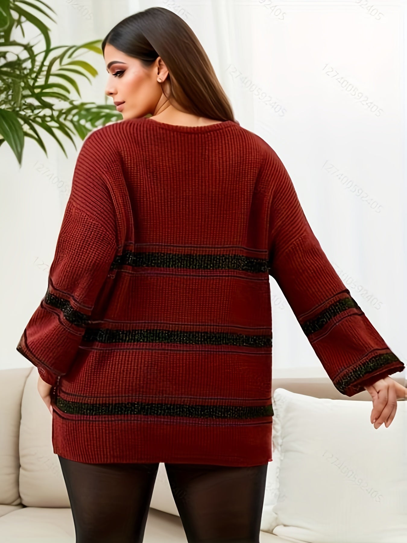  Casual Stripe Print Lantern Sleeve Sweater