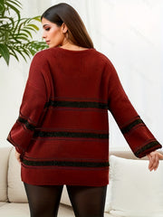  Casual Stripe Print Lantern Sleeve Sweater