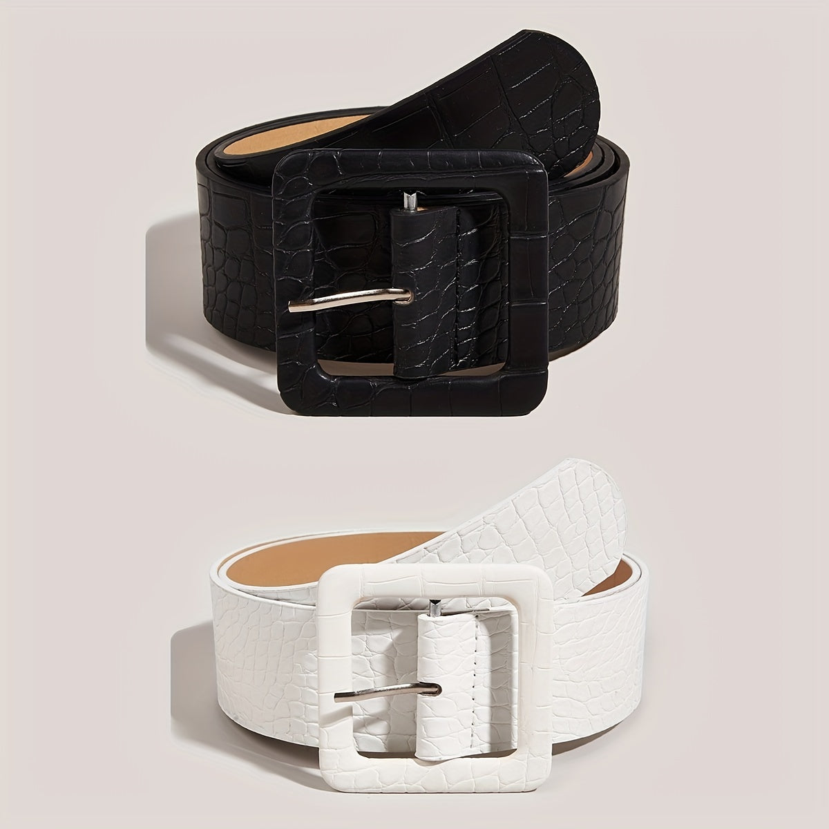 Stone Pattern Embossed Belt Wide Waistband Square Buckle Women Dress Girdle