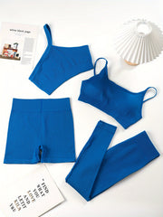 4pc Yoga Set One Shoulder Sports Bra, Cami, Shorts, Leggings