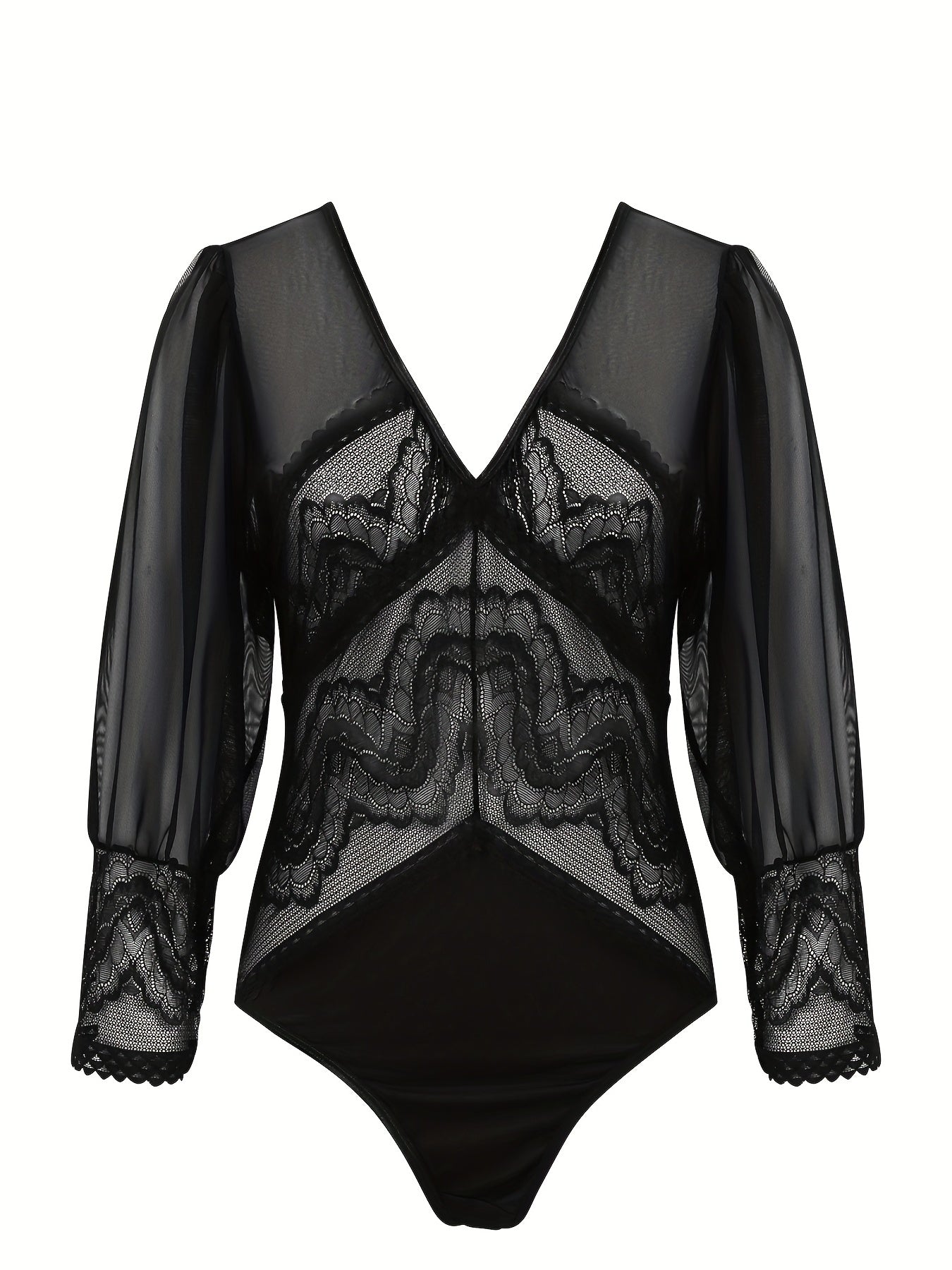  Floral Jacquard Mesh V Neck Semi Sheer Bodysuit
