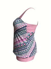  Geometric Print Tankini Set Square Neck Criss Cross Back