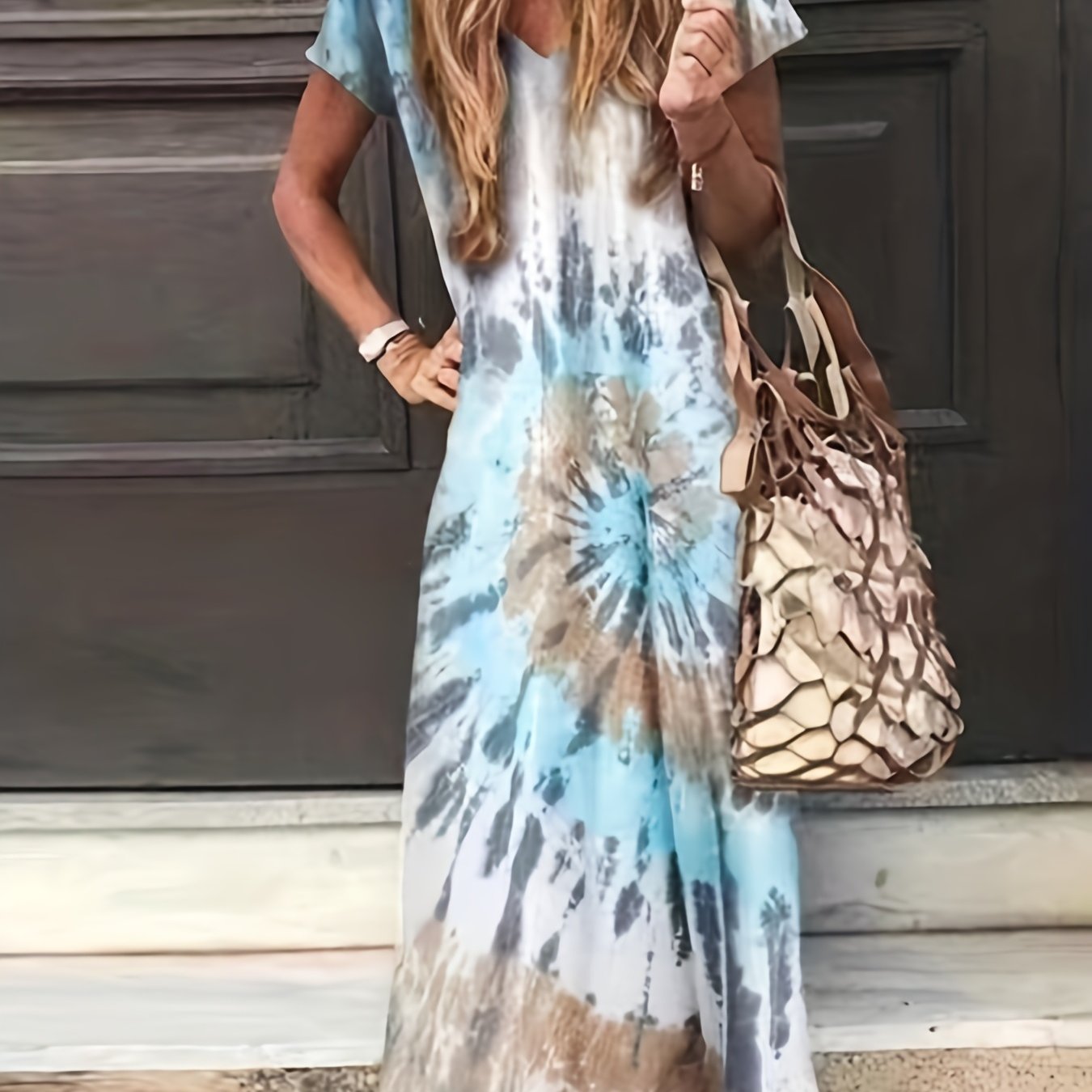  Tie Dye Short Sleeve V Neck Maxi Dress