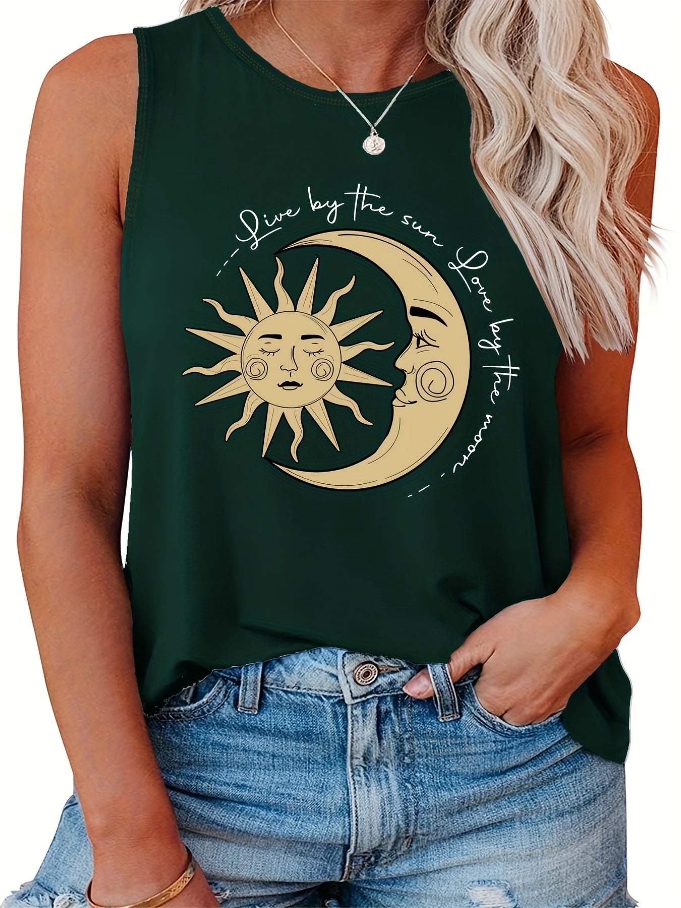  Sun & Moon Print Tank Top Round Neck Casual Slogan Plus Women