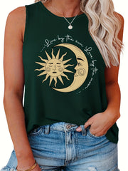  Sun & Moon Print Tank Top Round Neck Casual Slogan Plus Women