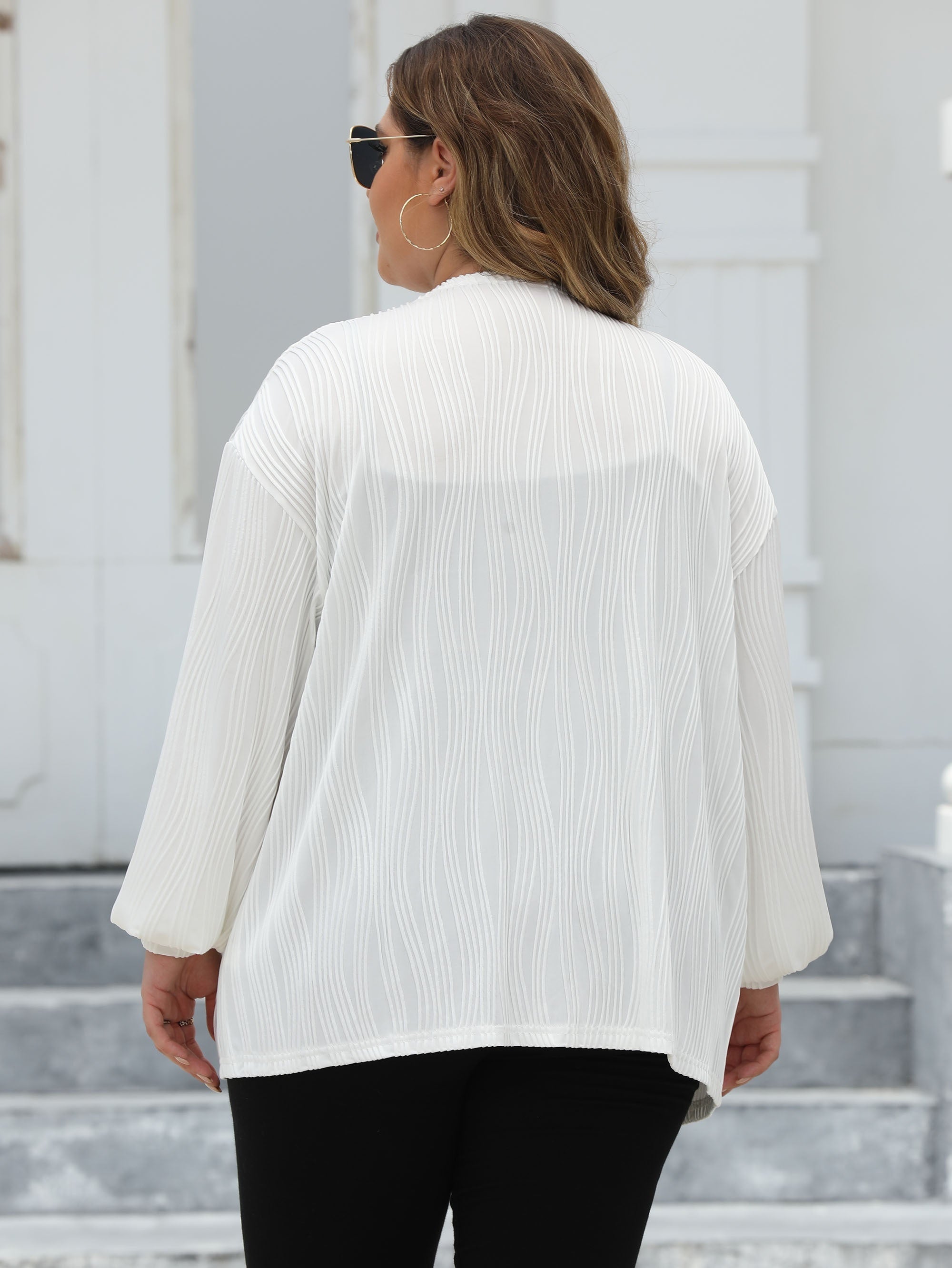  Casual Cardigan Solid Ribbed Lantern Sleeve Open Front