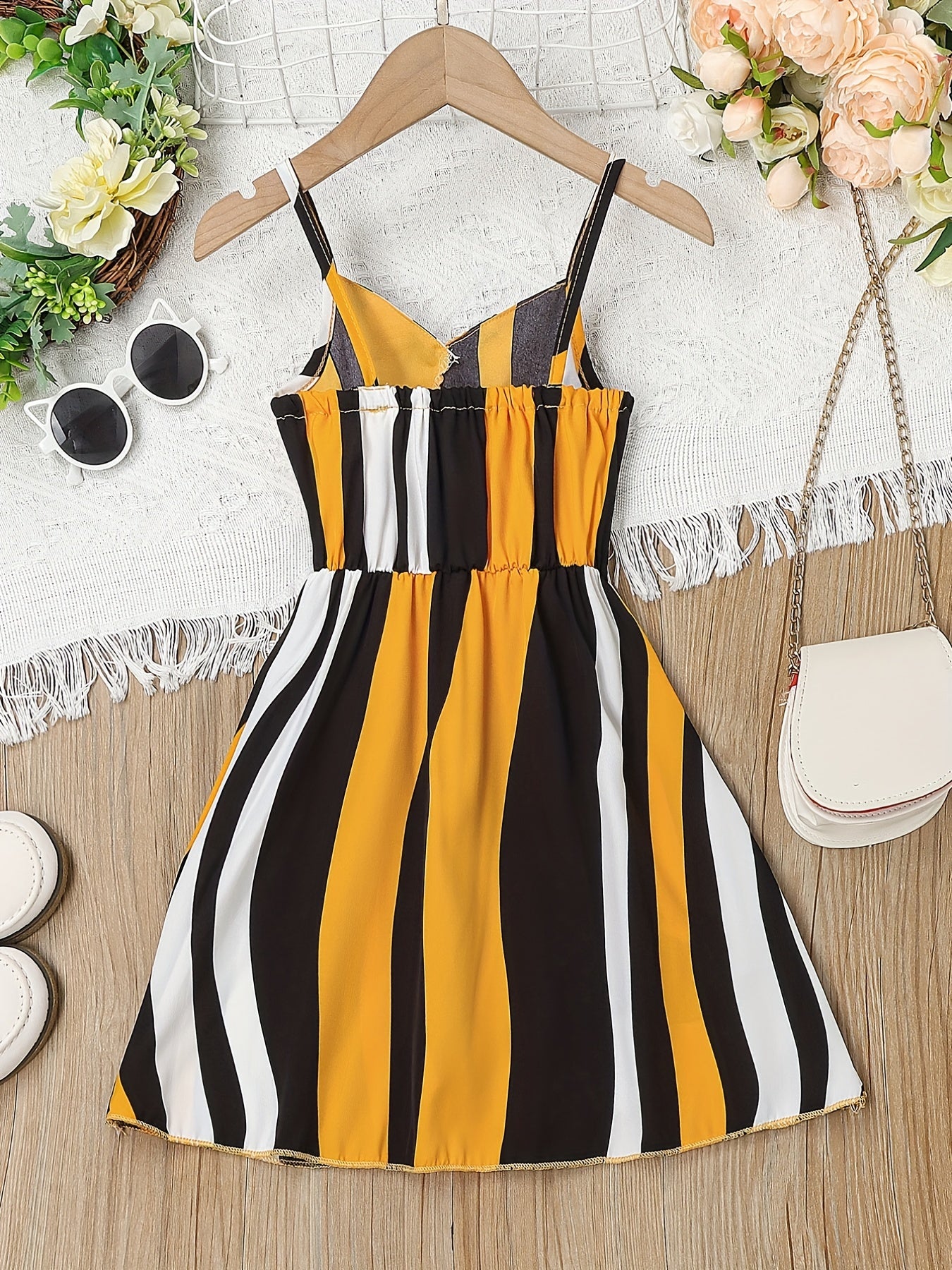 Toddler Girls Stripes Ruffle Trim Cami Dress For Party Beach Vacation
