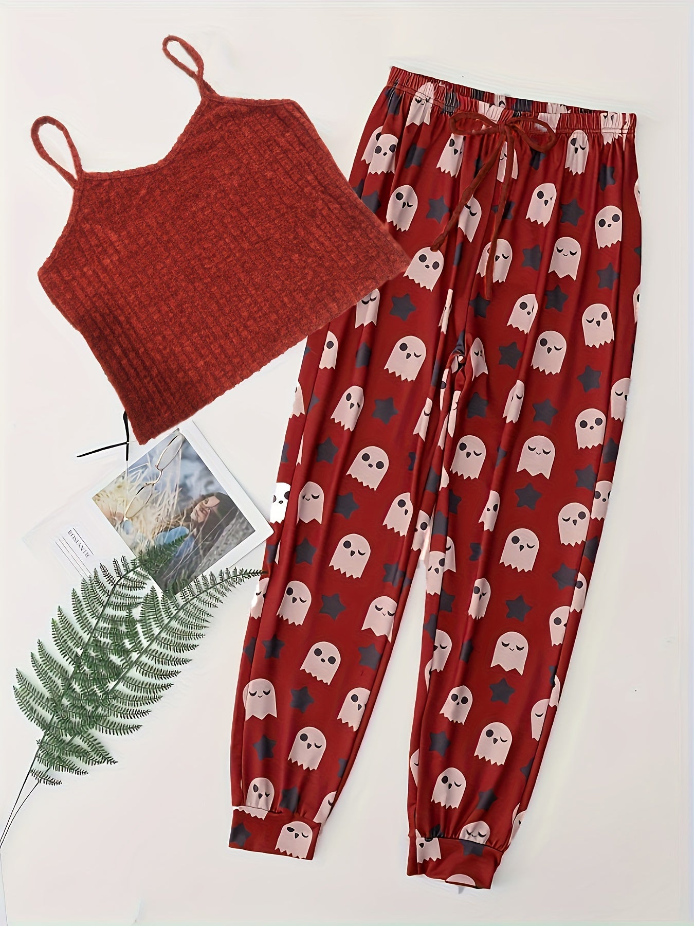  Halloween Pajama Set Women's Ribbed Knit Cami Top & Ghost Print Pants