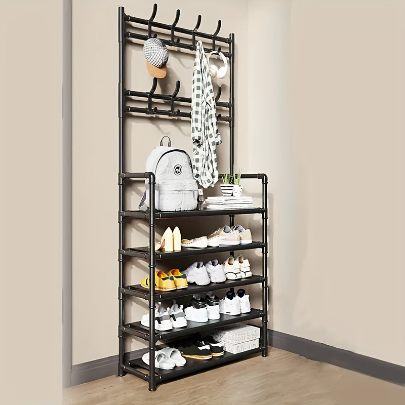 Metal Clothes Storage Rack with Shoe Storage, 8 Hooks for Hats, Coats