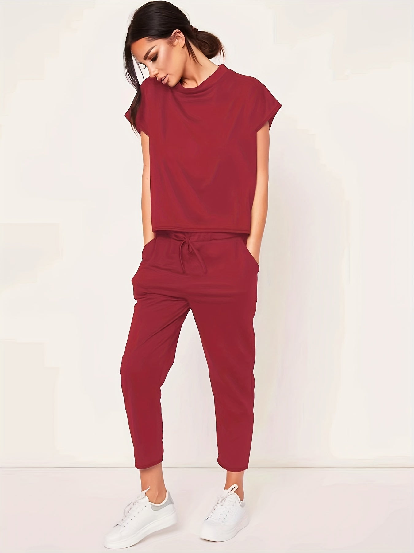 Casual Solid Two Piece Set Short Sleeve Round Neck Tops & Drawstring Cropped Pan