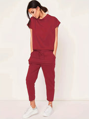 Casual Solid Two Piece Set Short Sleeve Round Neck Tops & Drawstring Cropped Pan