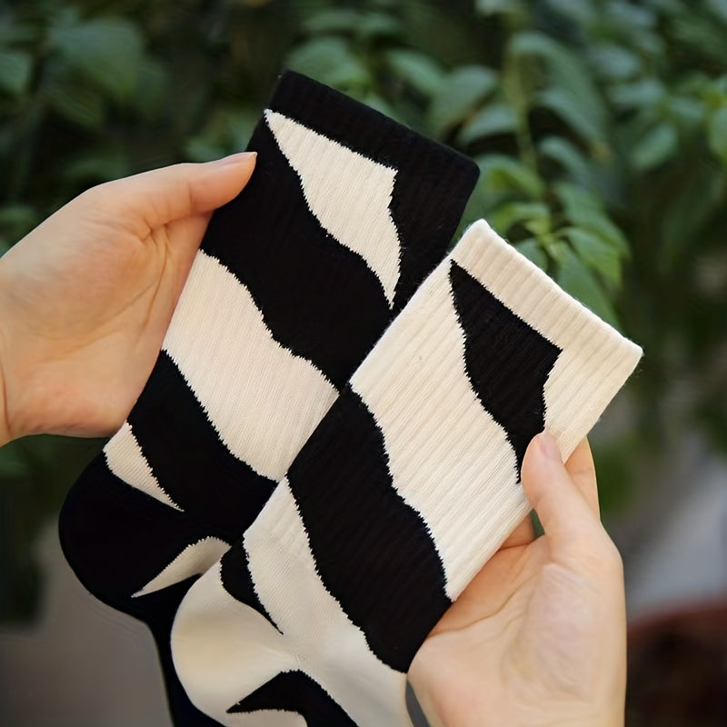 Colorblock Print Ribbed Socks Comfy Mid Tube Stockings