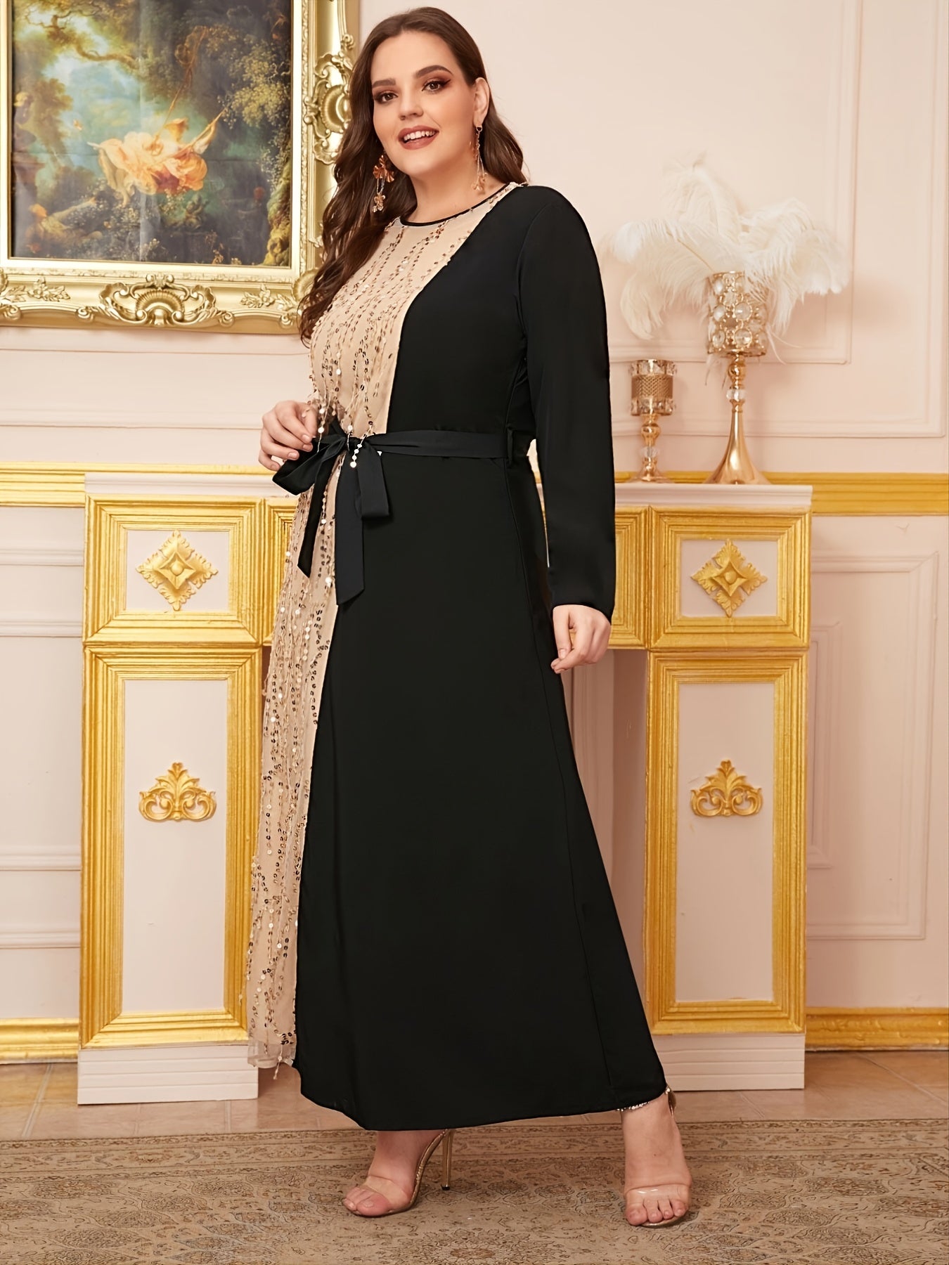 Colorblock Sequin Maxi Dress Plus Size Round Neck Long Dress