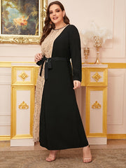 Colorblock Sequin Maxi Dress Plus Size Round Neck Long Dress