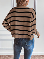 Striped Pattern Crew Neck Knitted Top Long Sleeve Pullover Sweater