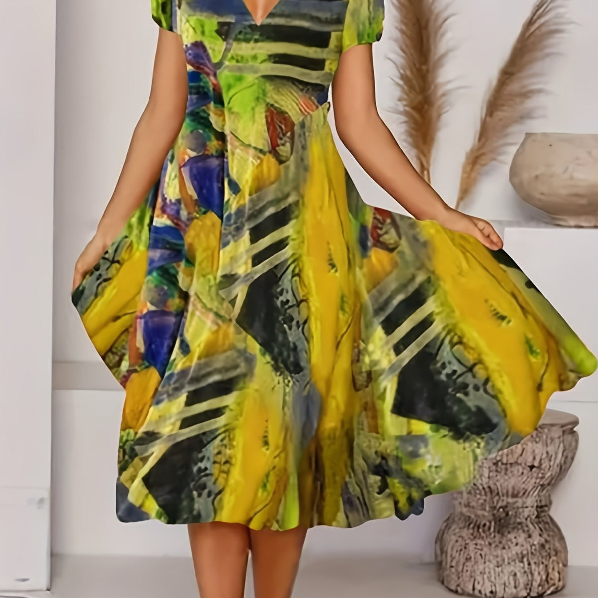  Casual Dress Women's Plus Painting Print Short Sleeve V Neck