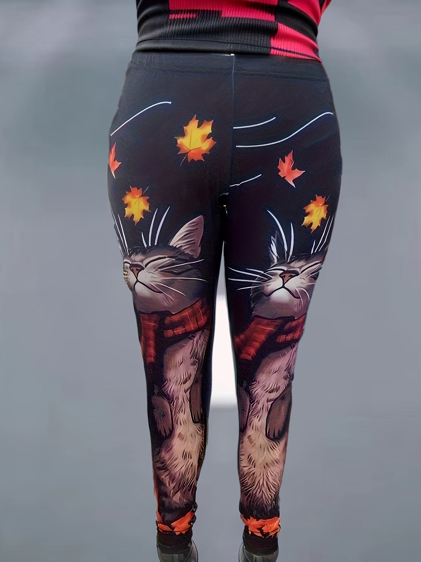  Cat & Leaf Print High Rise Skinny Trousers