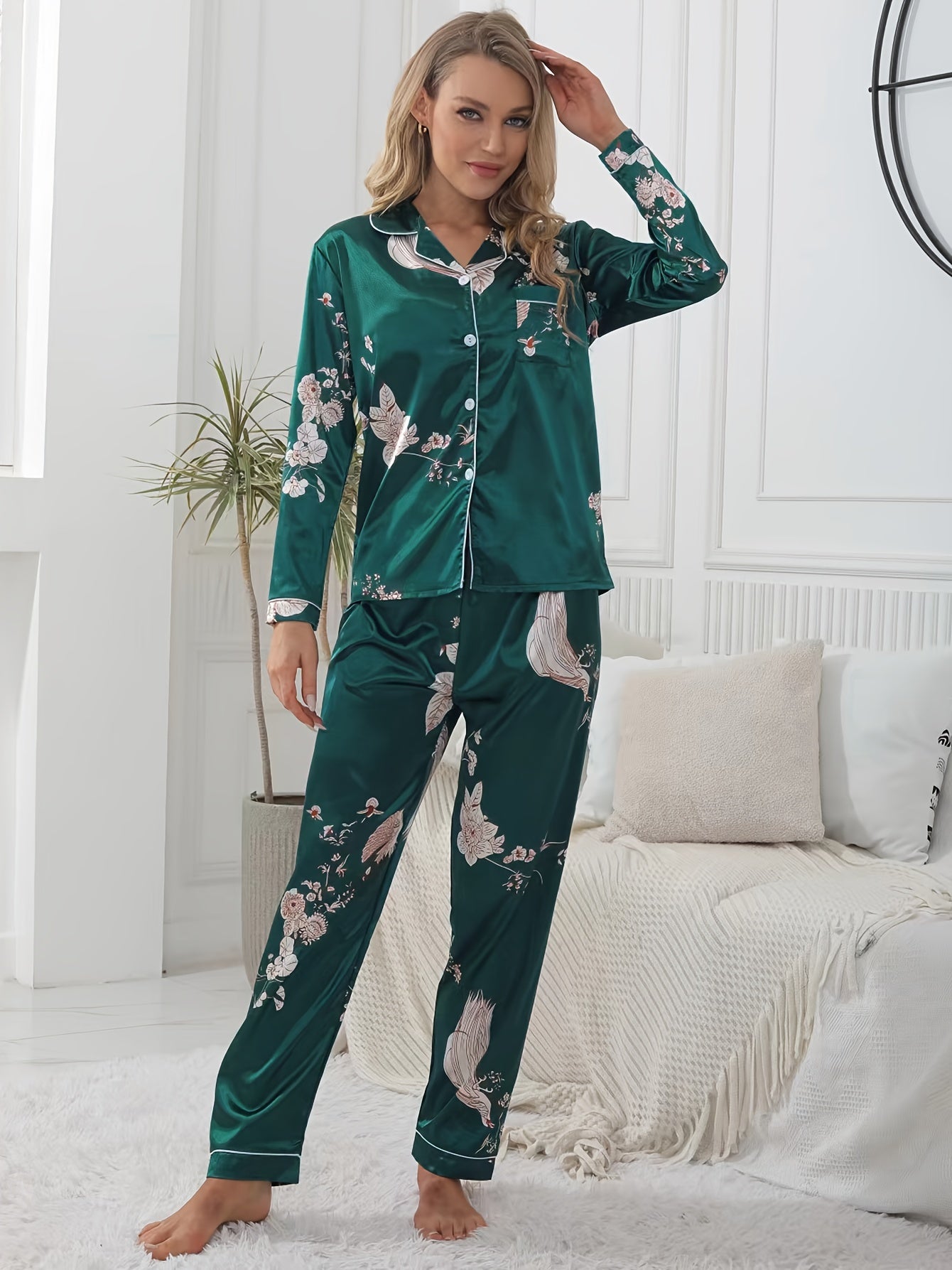 Floral Satin Pajama Set Long Sleeve Tops & Pants Women's Loungewear