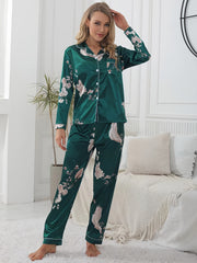 Floral Satin Pajama Set Long Sleeve Tops & Pants Women's Loungewear