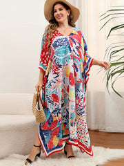  Boho Cover Up Women's Plus Tribal Print Bat Sleeve V Neck