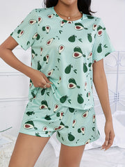 Avocado Print Pajama Set Short Sleeve Crew Neck Top & Elastic Waistband Shorts