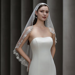 Tulle Cathedral Bridal Veil with Floral Embroidery