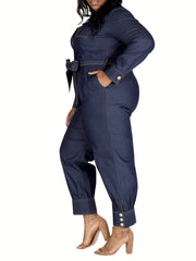  Denim Style Long Sleeve Belted Jumpsuit Women's Plus