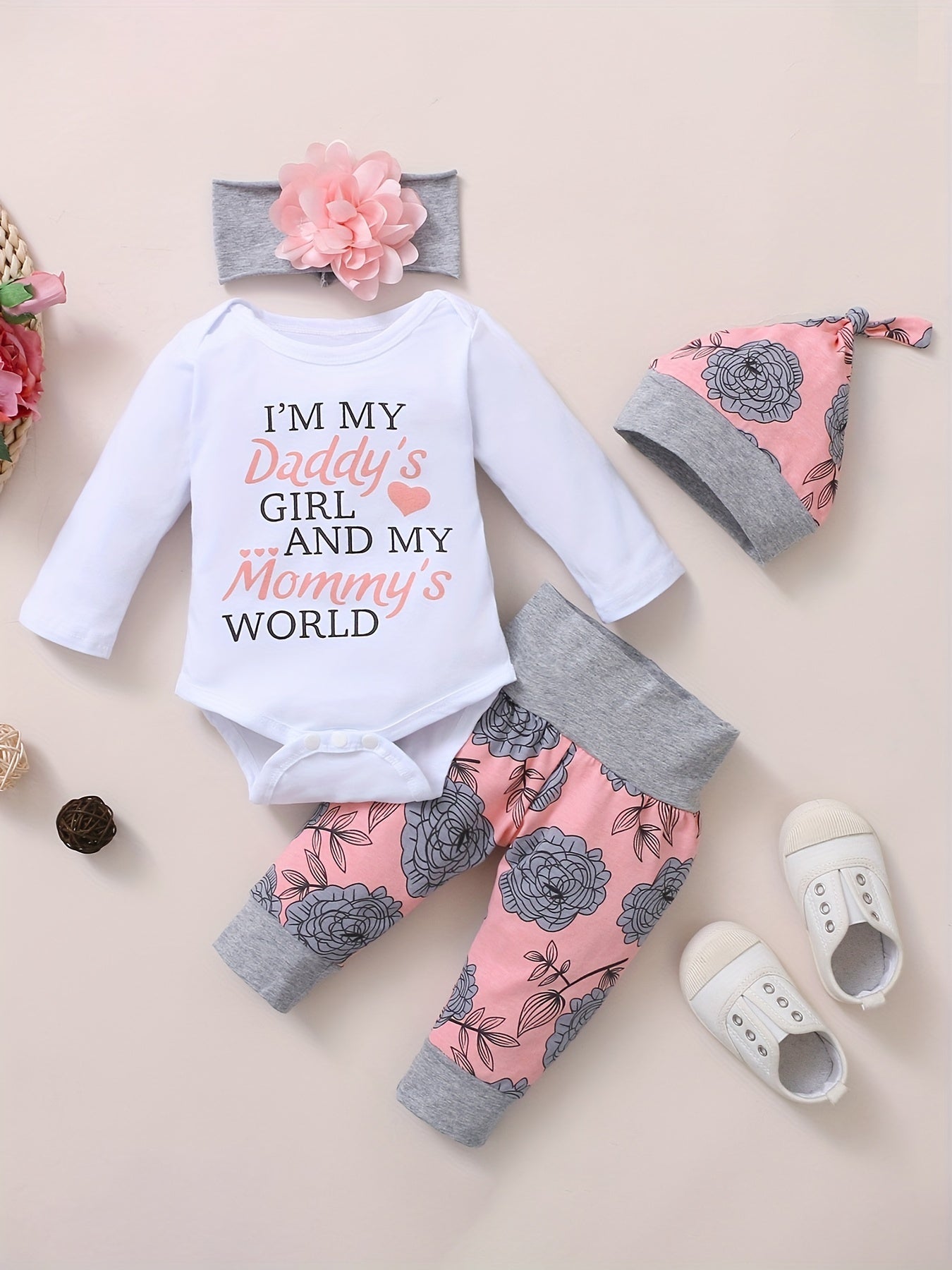 Baby Comfy Romper Floral Pants Headband Set