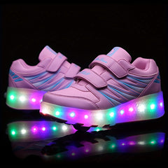 Girl's LED Light Up Roller Shoes Hook & Loop Fastener Skate Sneakers