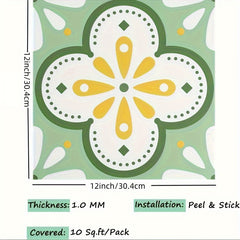 Green Flower Peel and Stick Floor Tile - Set of 15
