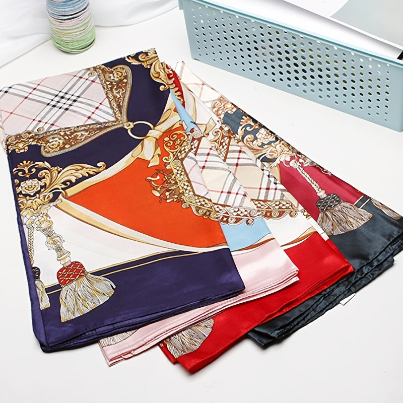 Beige Silk Line & Chain Square Scarf Large Shawl Women Headwrap Hair Accessories