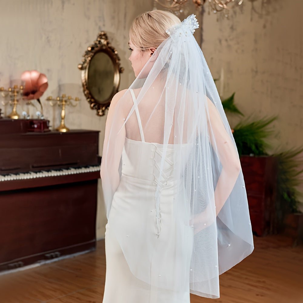 Bride's Wedding Dress Accessories with Pearls & Short Bow Headscarf