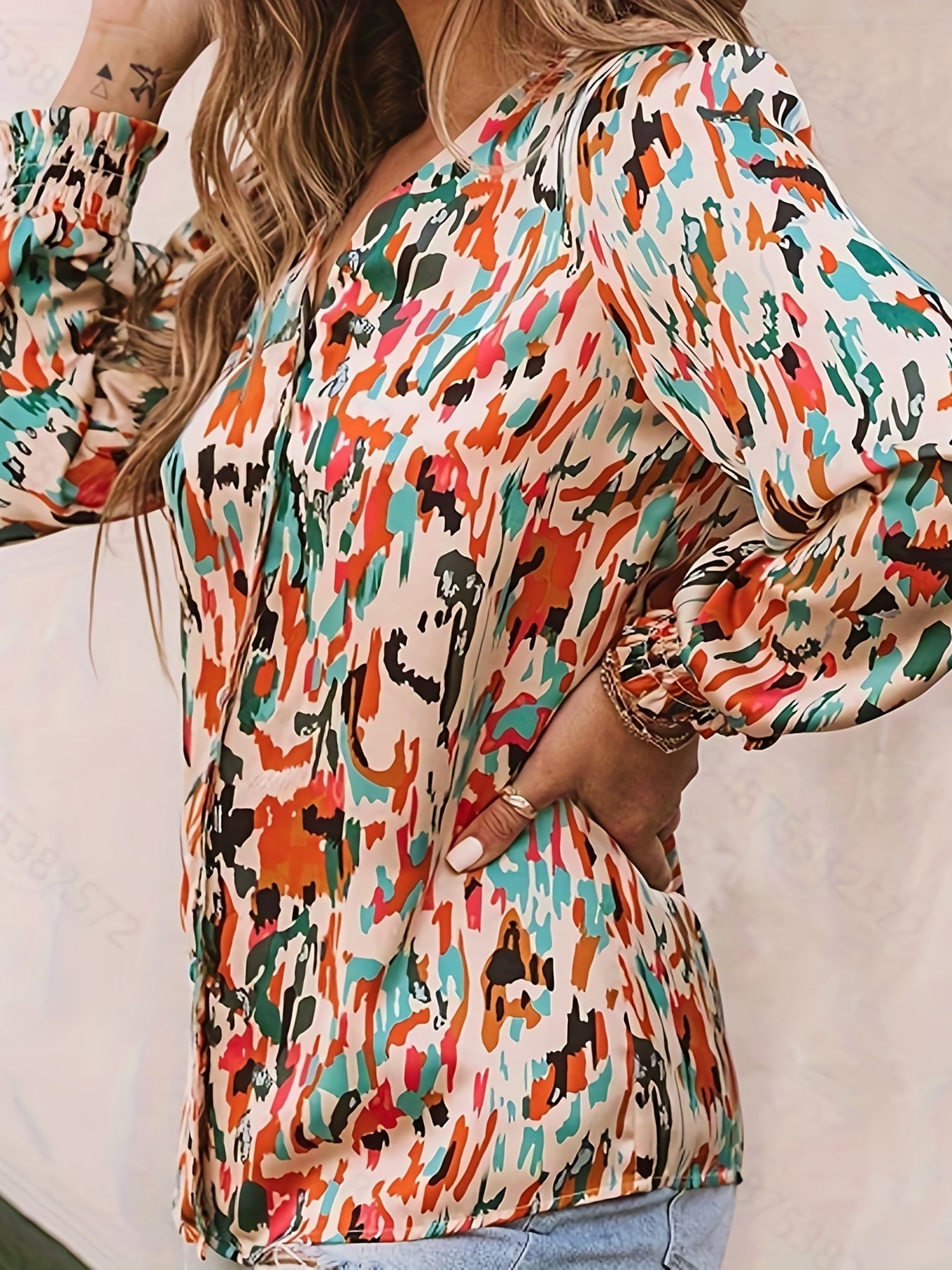  Boho Blouse Random Print Button Up V Neck Shirt Top