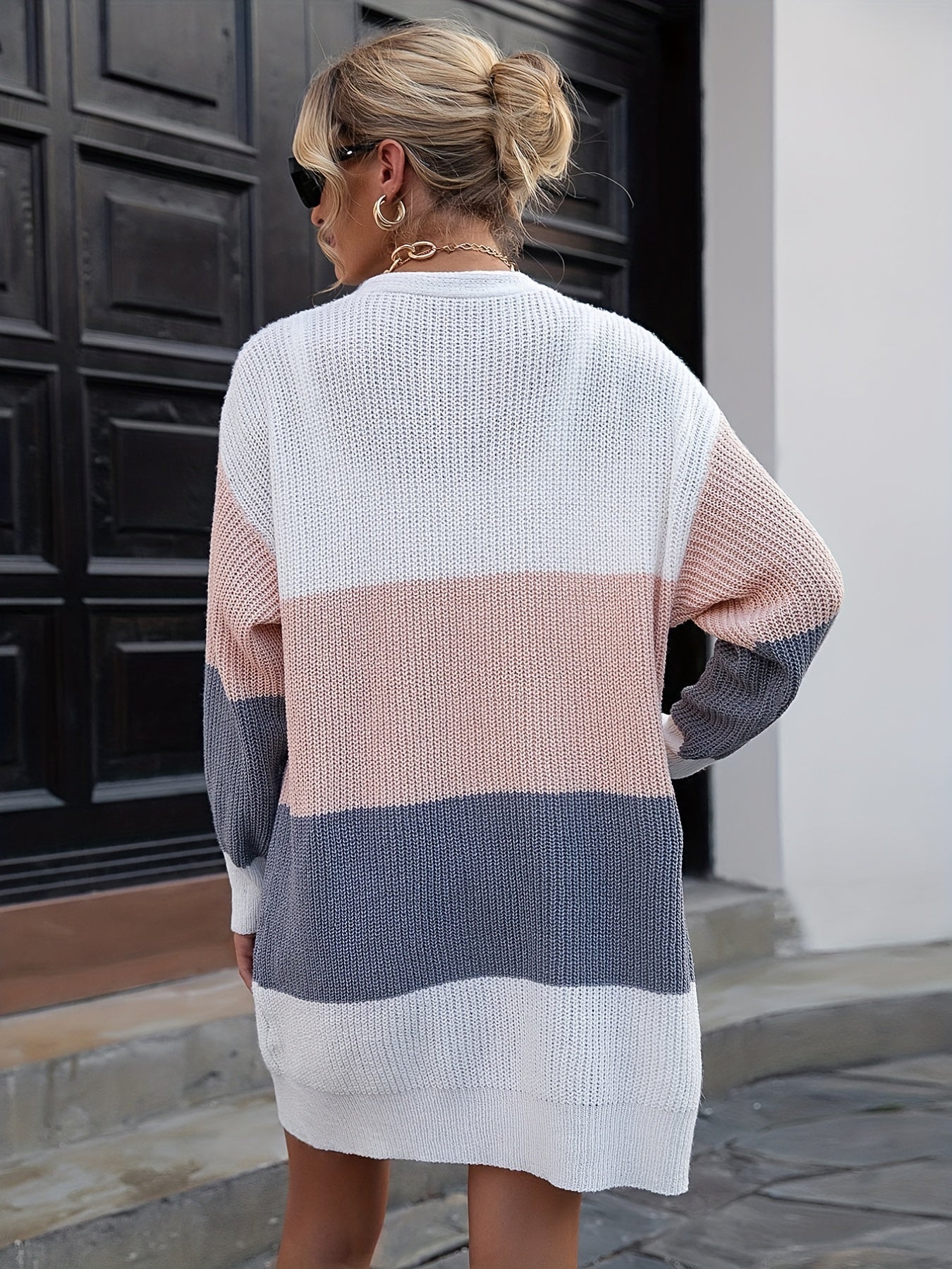  Colorblock Long Sleeve Open Front Knit Cardigan