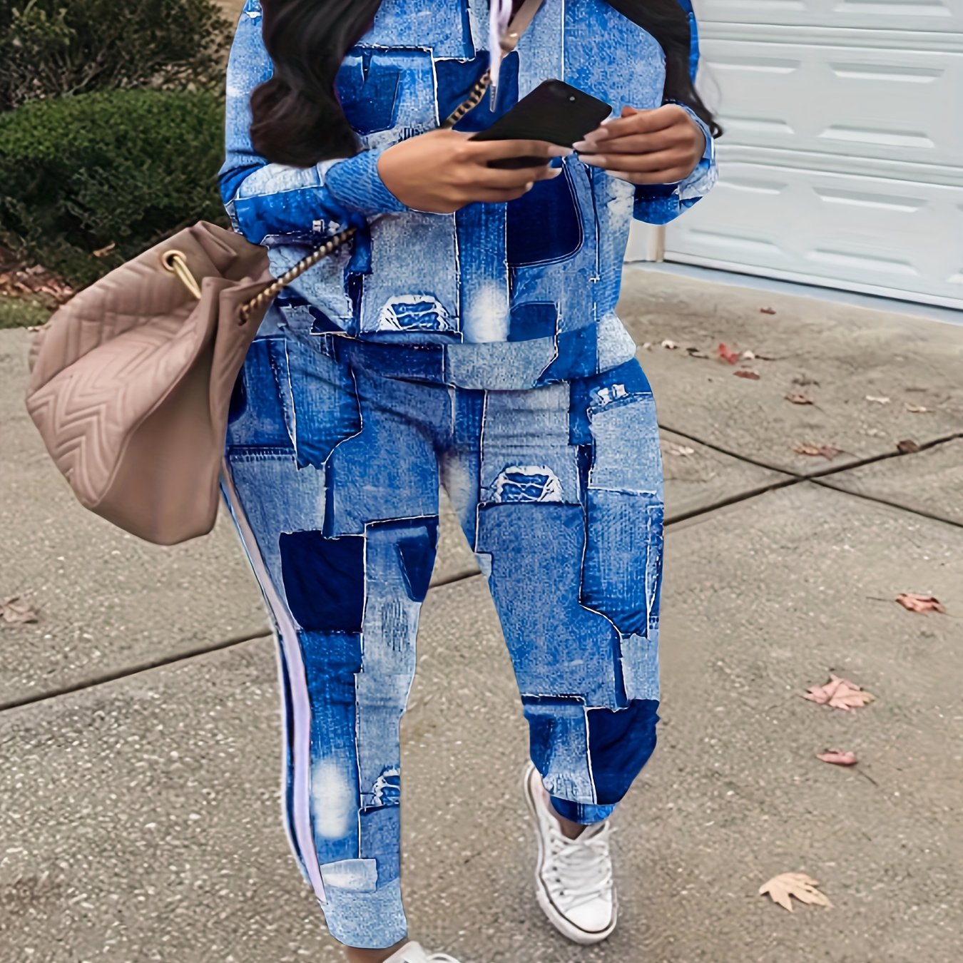  Denim Print Hoodie & Pants Set