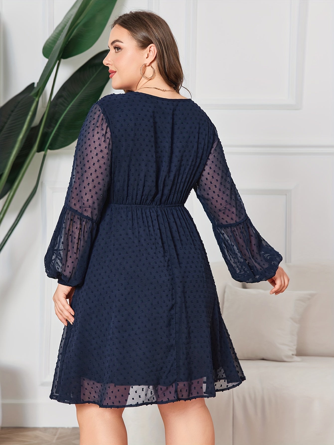  Solid Flocked Dot Lantern Sleeve V Neck Layered Dress