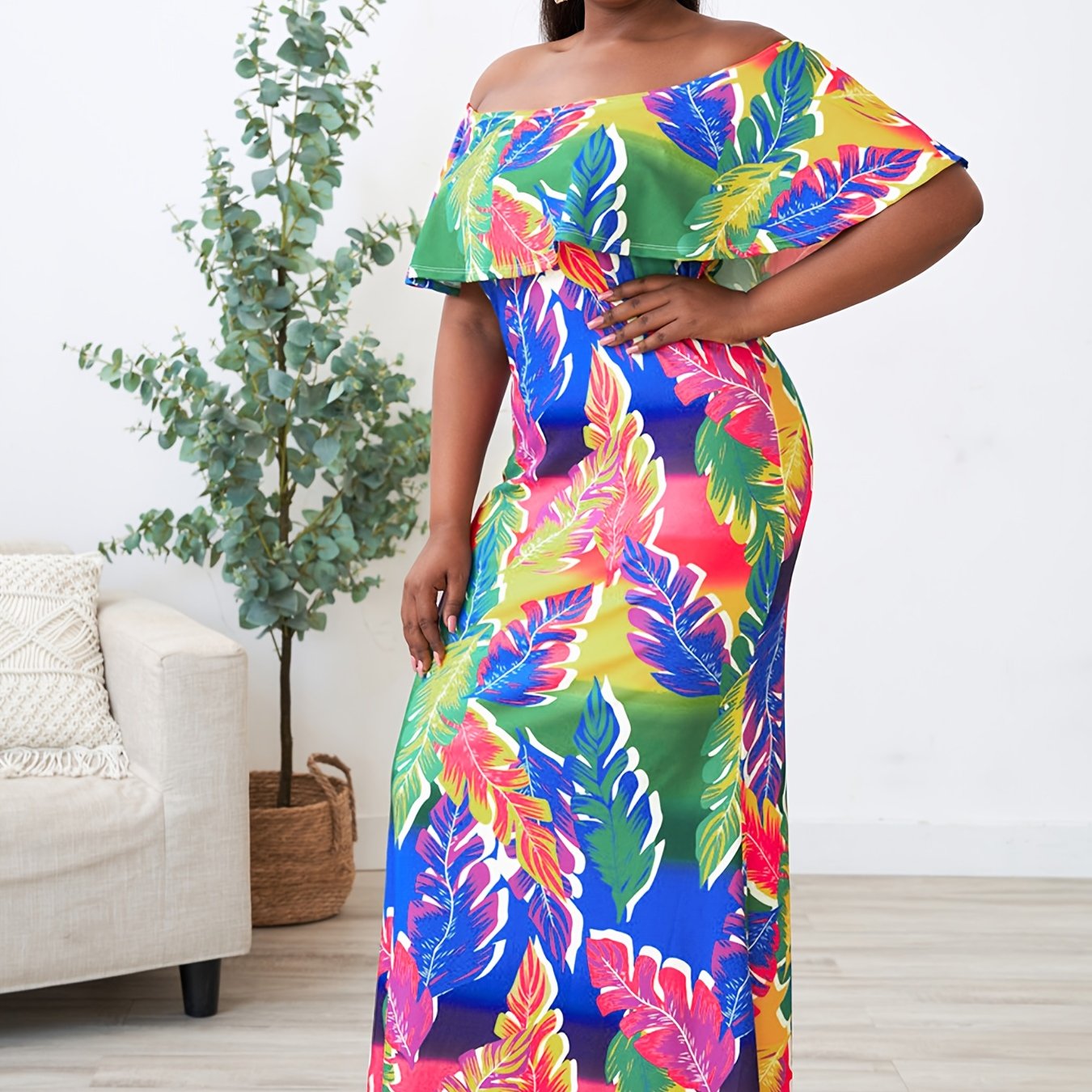  Colorblock Leaf Print Off Shoulder Maxi Dress