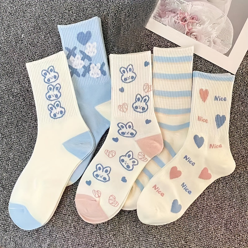8 Pairs Cute Cartoon Bunny Crew Socks for Women