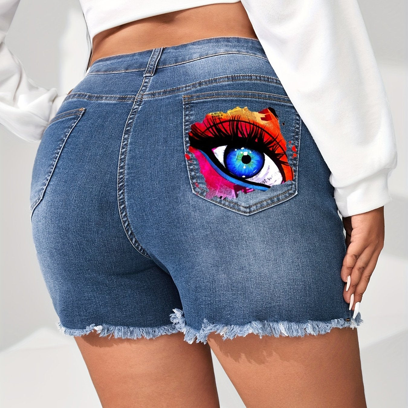  Eye Print Ripped Denim Shorts with Fringe Trim