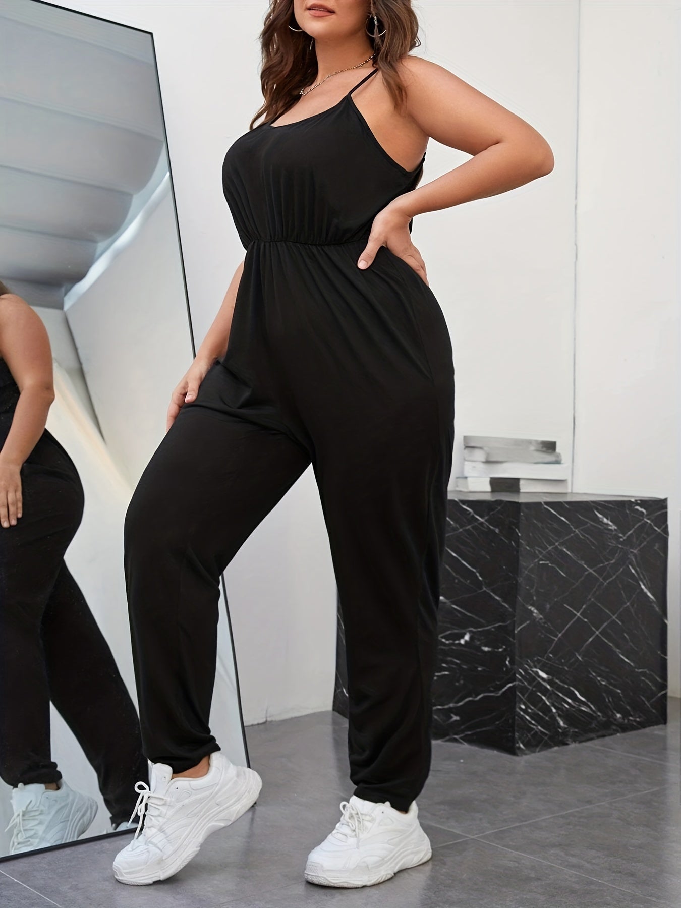  Solid V Neck Cami Jumpsuit