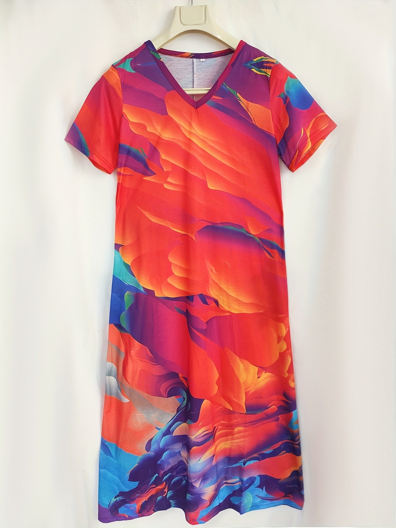 Floral Print V Neck Short Sleeve Boho Maxi Dress