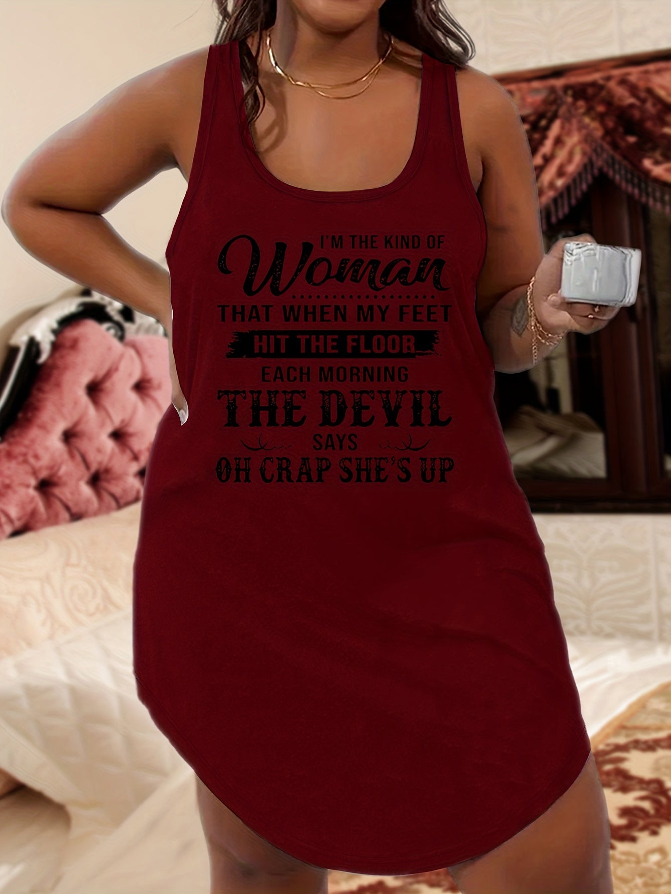  Casual Nightdress Women's Plus Letter Print Racer Back Tank Sleep Dres