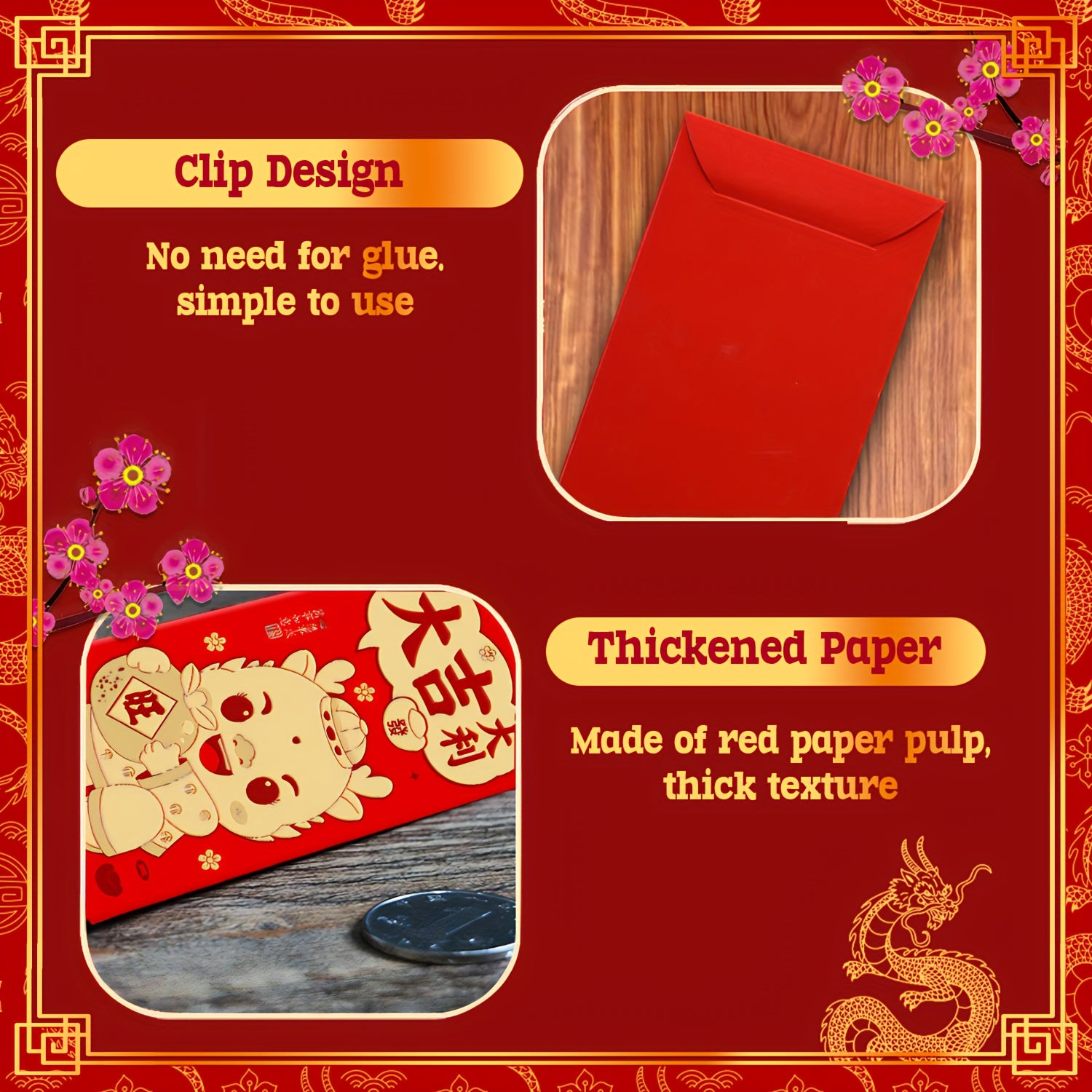 6pcs Red Envelopes 3D Embossing Year Packet Red Golden Lucky Money Pockets